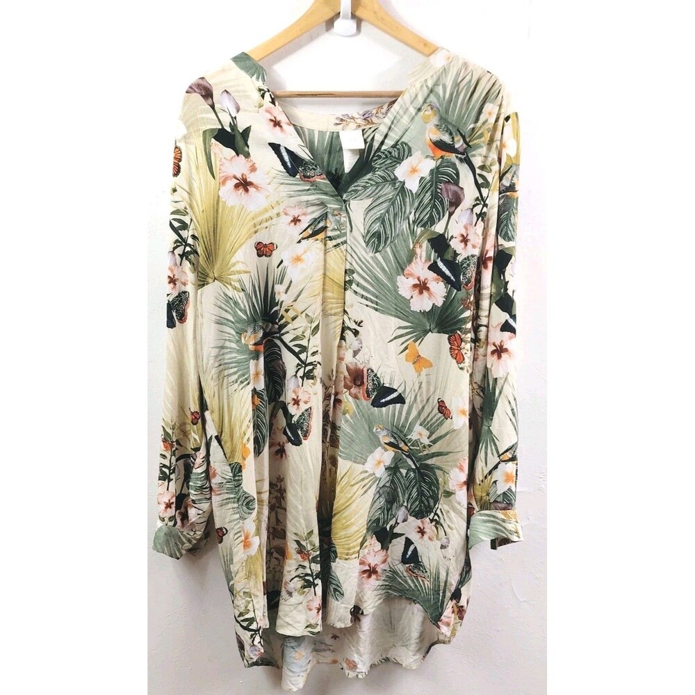 H&M Womens Long Sleeve Tunic Top Floral Butterflies Birds Jungle Print Size 12